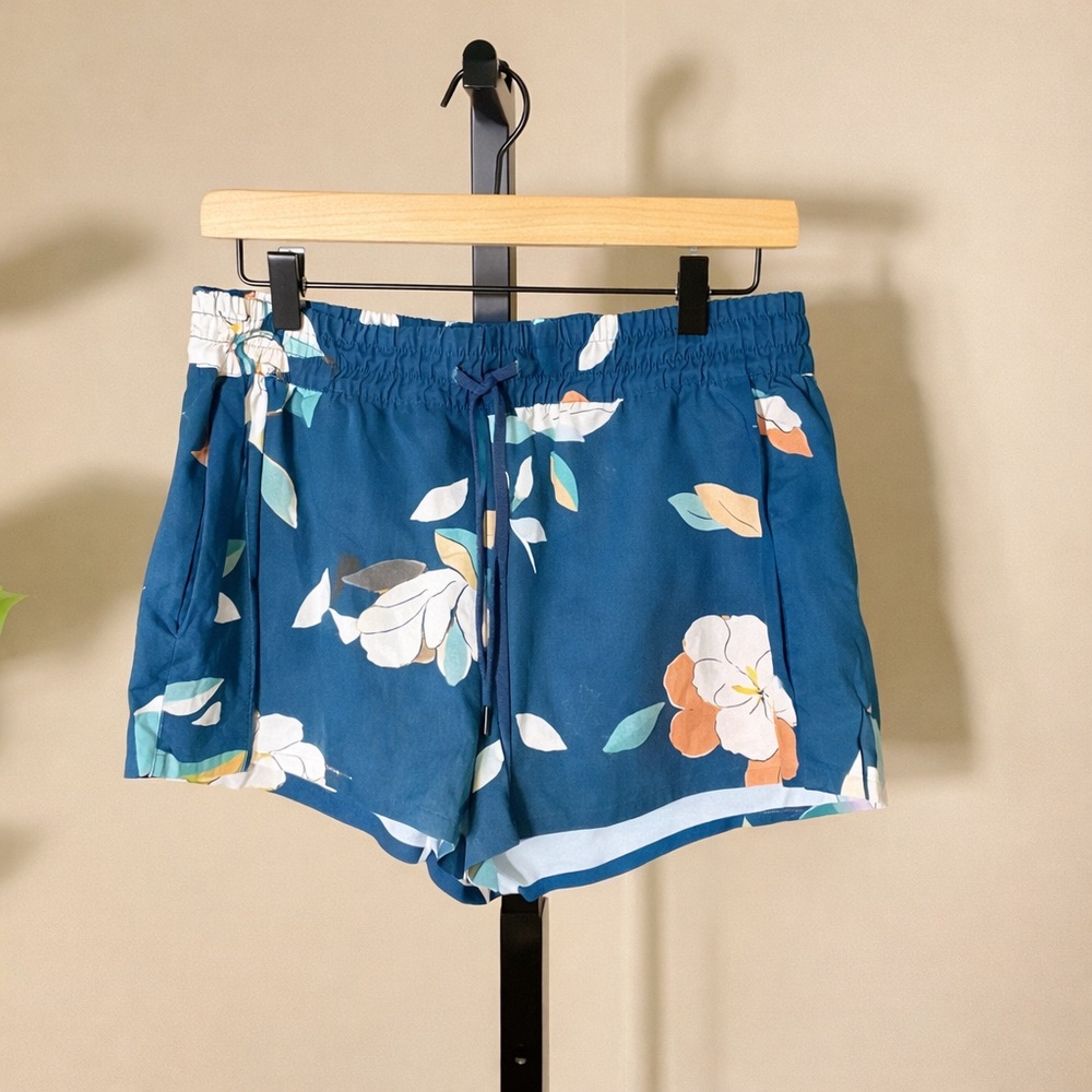 Athleta Floral Shorts Women Size 6 Blue Lightweight Drawstring Elastic Waist